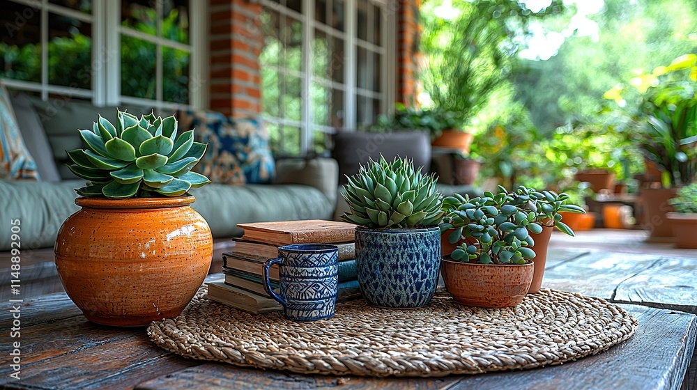 Fototapeta premium A wooden table with potted plants is positioned beside a couch and near a window