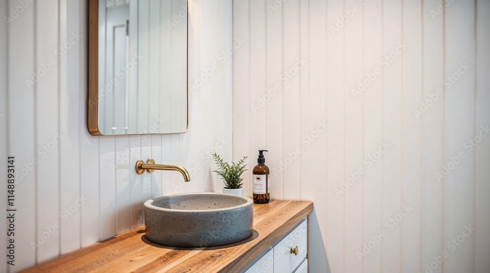 Fototapeta premium modern bathroom interior with a minimalist design. The layout features a wooden countertop with a round, gray stone sink basin.