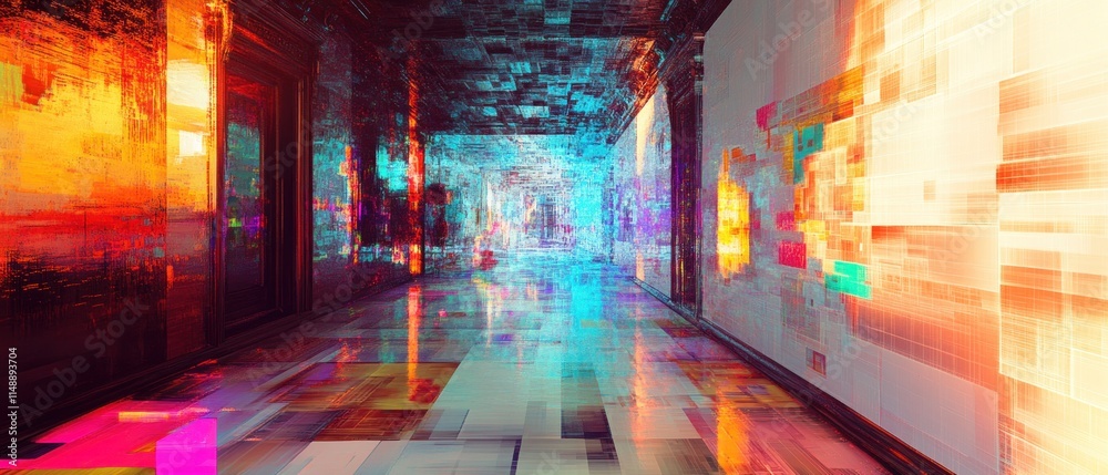 Naklejka premium Vibrant Digital Corridor: A Psychedelic Journey Through a Neon-Lit Hallway
