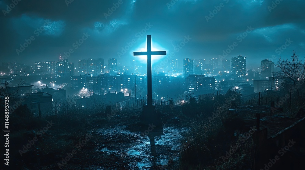 Naklejka premium Illuminated crucifix overlooking a moody urban landscape at night, blending spirituality with modern city life