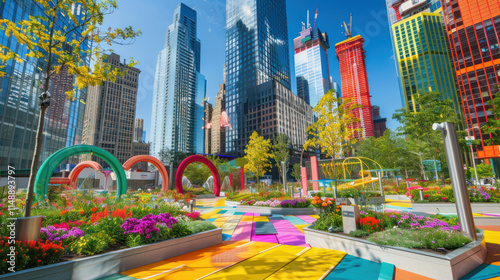 A colorful urban pocket park surrounded by skyscrapers photo