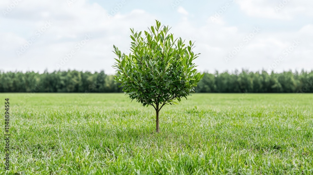 Single young tree growing in a grassy field.