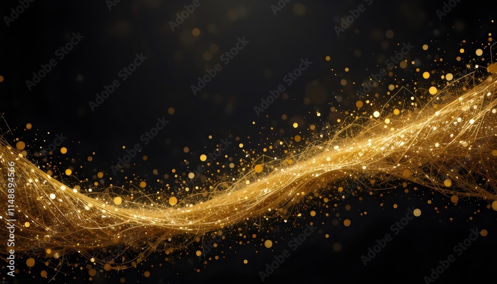 Obraz premium Golden Glitter Confetti Wave on a Black Background Banner: Festive and Sparkling Design, Perfect for Celebrations, New Year's Eve, and Special Occasion Announcements