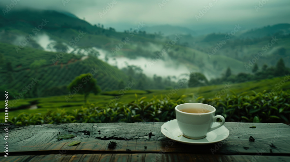 A cozy cup of steaming green tea, placed on a rustic wooden table overlooking a serene green tea plantation, A cozy cup of steaming green tea, placed on a rustic wooden table overlooking a serene green tea plantation,