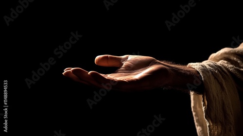 Jesus christ s illuminated hand reaching out on dark background symbolizing love and salvation