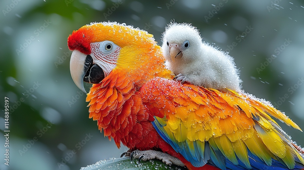 Fototapeta premium A baby bird atop a colorful bird atop a snow-covered tree branch, with another bird perched above