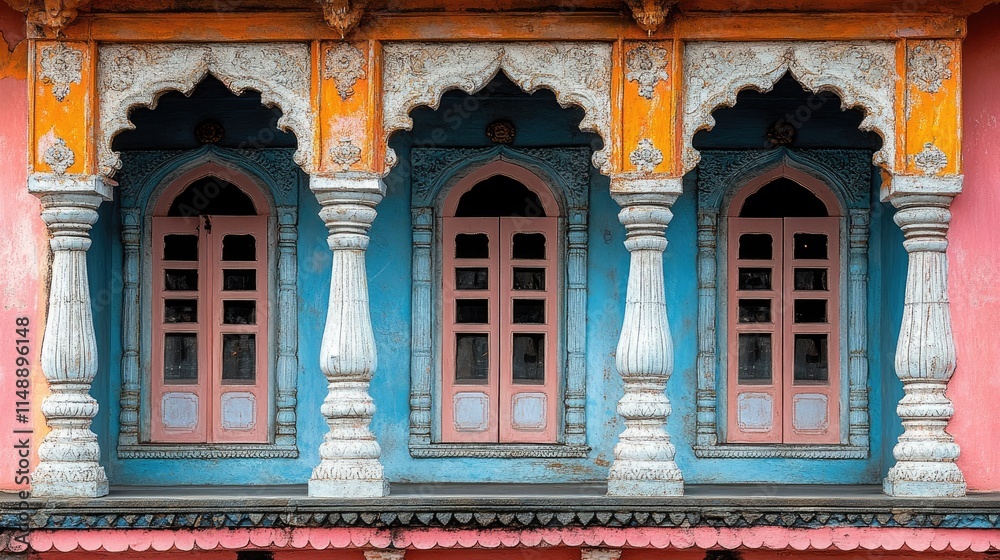 Fototapeta premium An intricate faÃ§ade featuring richly decorated traditional windows in a vibrant historical building.