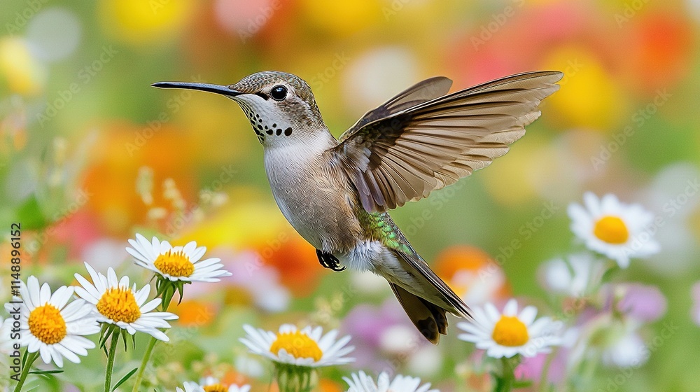 Fototapeta premium A blurry field of daisies with a hummingbird flying over it