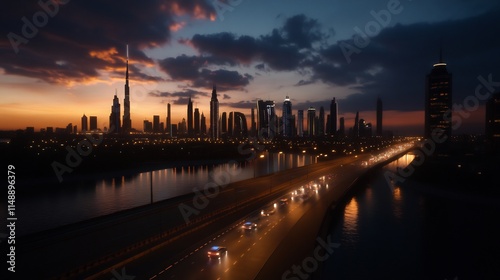 Dubai Skyline at Dusk: A Breathtaking Panorama of City Lights and Tranquil Waters