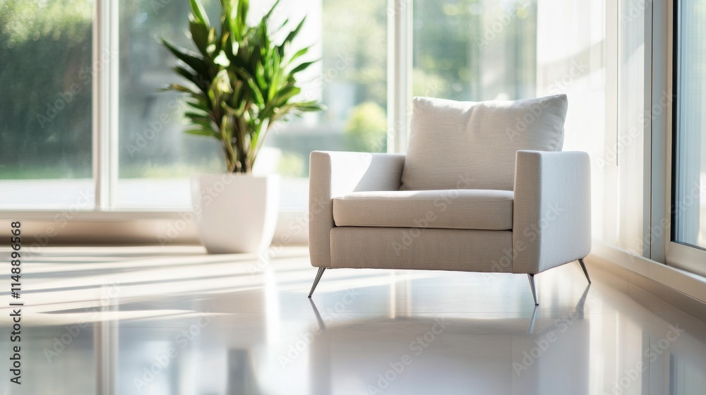 Fototapeta premium Modern minimalist lounge with clean, stylish decor. Featuring sleek lines and soft hues