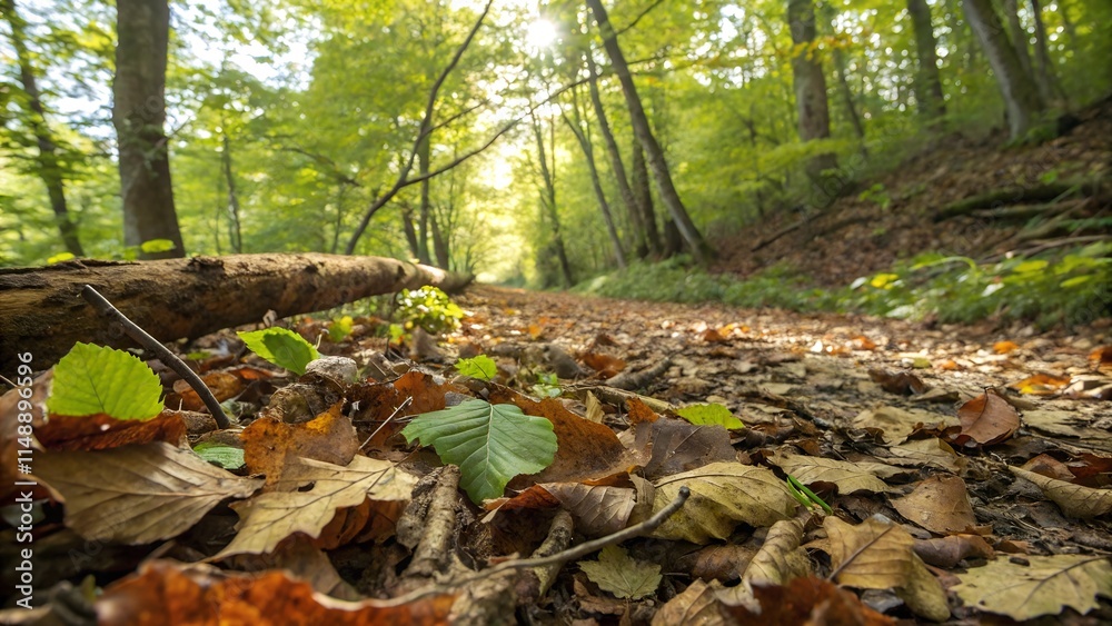 A winding forest path is blanketed in a colorful carpet of fallen leaves. The sunlight filters through the canopy of trees A winding forest path is blanketed in a colorful carpet of fallen leaves. The sunlight filters through the canopy of trees