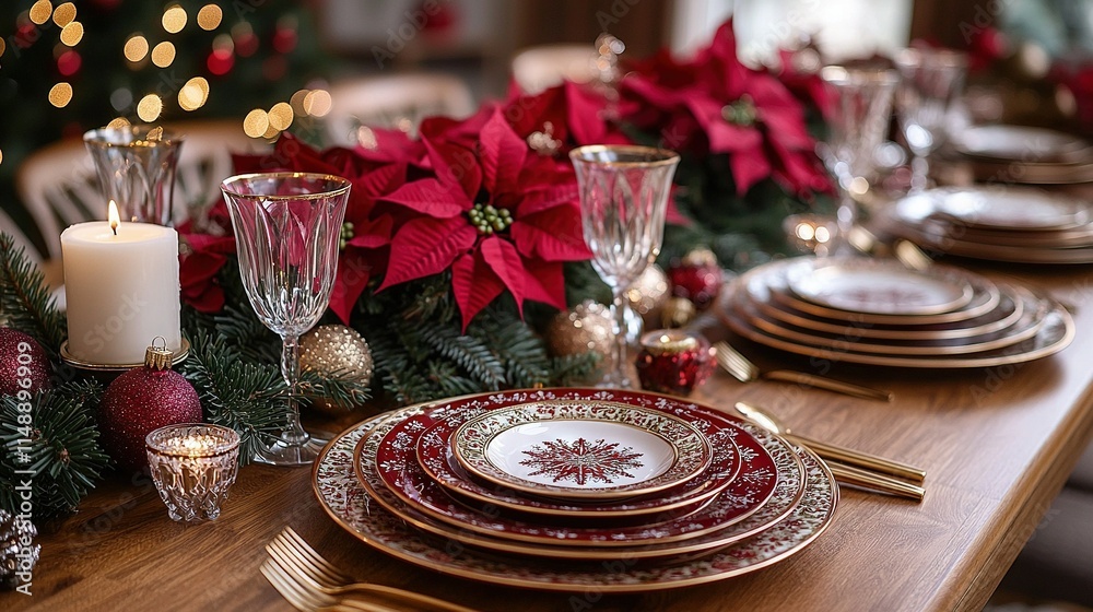A Christmas table setting with Poinsettias, silverware, candles, and Poinsettias on the table A Christmas table setting with Poinsettias, silverware, candles, and Poinsettias on the table
