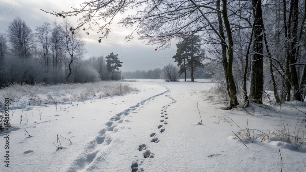 Fototapeta premium A winding path cuts through a snow-covered landscape. The path is marked by a series of footprints, suggesting recent activity