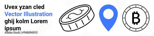 Black coin icon, blue location pin, and Bitcoin symbol coin. Ideal for cryptocurrency websites, digital wallets, financial blogs, fintech platforms, investment guides, trading apps. Landing page