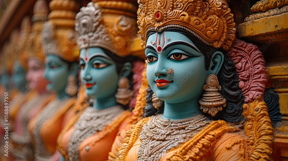 Vibrant and intricately carved sculptures of Hindu deities lined up in a temple showcasing exceptional craftsmanship and rich cultural heritage Vibrant and intricately carved sculptures of Hindu deities lined up in a temple showcasing exceptional craftsmanship and rich cultural heritage