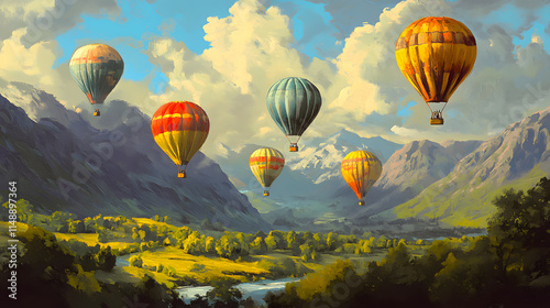 Colorful hot air balloons floating over a serene valley photo