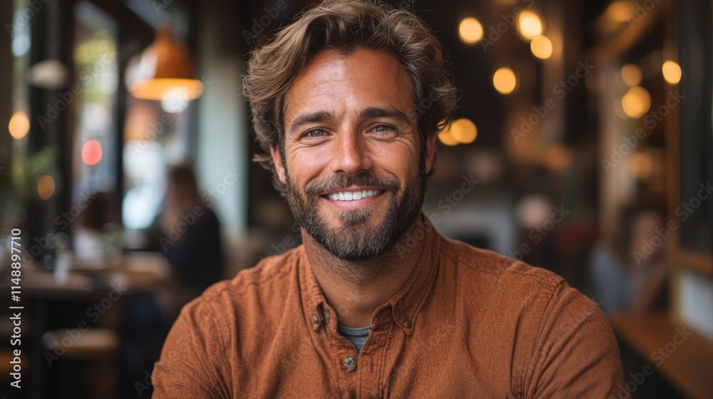 A smiling man in a casual setting, enjoying a moment in a cozy café. A smiling man in a casual setting, enjoying a moment in a cozy café.