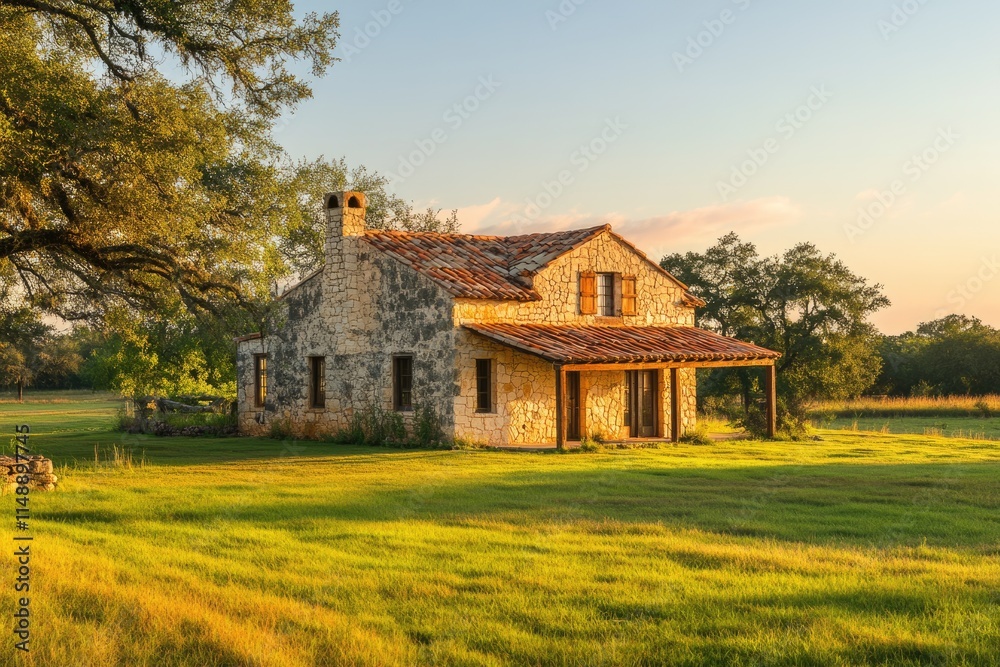 Rustic stone house on a grassy field, bathed in the golden light of sunrise. Rustic stone house on a grassy field, bathed in the golden light of sunrise.