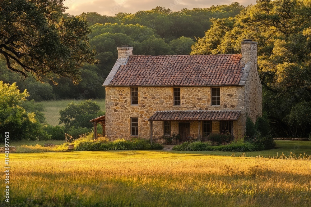 Stone house basks in golden sunset light, nestled in a serene, grassy field surrounded by lush greenery. Stone house basks in golden sunset light, nestled in a serene, grassy field surrounded by lush greenery.