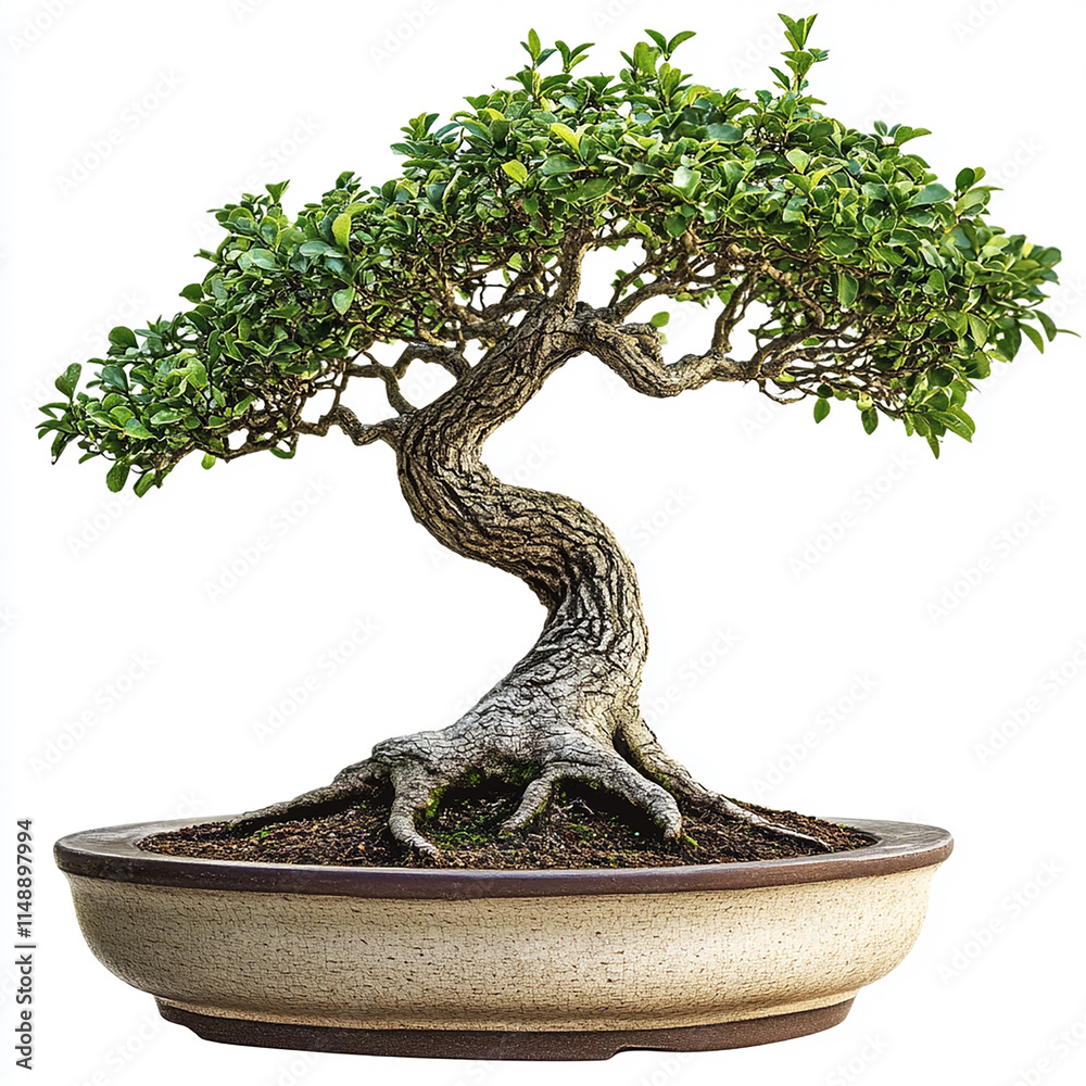 Bonsai Tree with Intricate Branches in Textured Pot on White Background