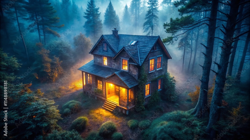 Creepy Foggy Forest House - Spooky Halloween Aerial Photography Creepy Foggy Forest House - Spooky Halloween Aerial Photography