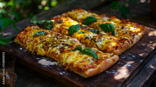 Wallpaper Mural  pizza served on a wooden board with melted cheese and basil Torontodigital.ca