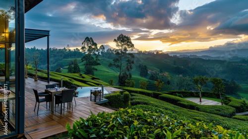 A luxury tea estate offering fine dining experiences with panoramic views of nearby tea fields, photo