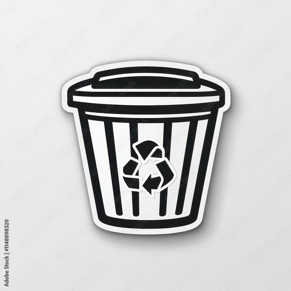 Creative black and white sticker design featuring a trash can with a recycling symbol 