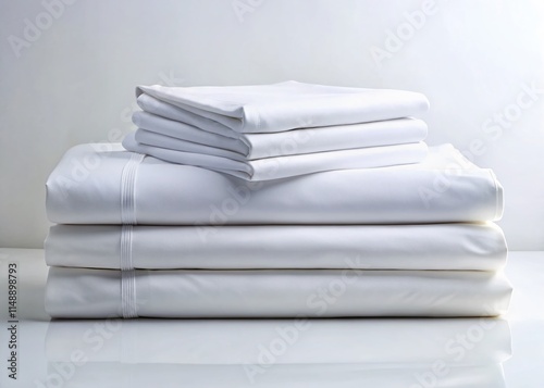 Crisp Clean White Bed Sheets Stacked on White Background - Perfect for Laundry, Home, and Bedding Stock Photos