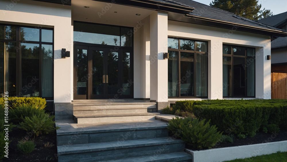 Modern Home Entrance with Stone Steps and Large Windows Modern Home Entrance with Stone Steps and Large Windows