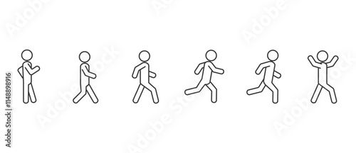 People walking and running icons, line icons in side view different postures. Standing, walking, running, Various action poses have been set in vector Illustrations on transparent background. Editable