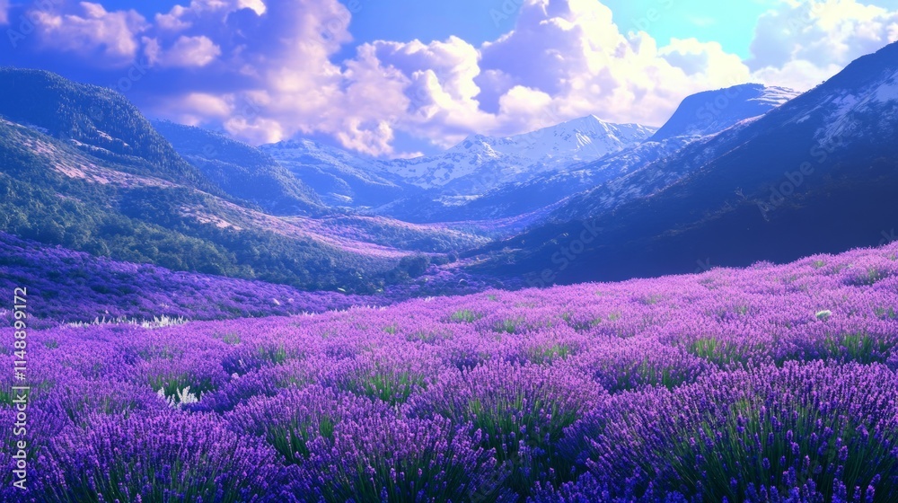 Obraz premium Vibrant Purple Lavender Field Against Majestic Mountain Range