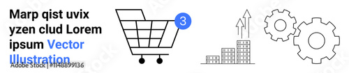 Shopping cart with a 3 notification badge, bar chart, arrow indicating growth, and two gear wheels. Ideal for e-commerce, online shopping, business growth, market analysis, digital marketing