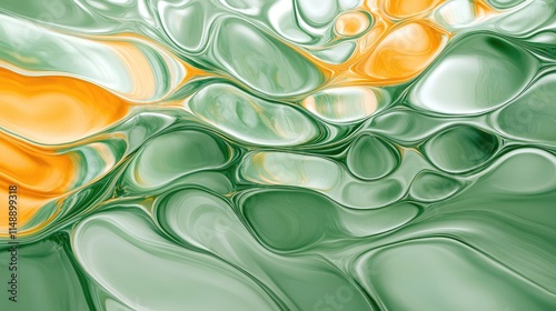 A vibrant abstract illustration featuring intertwining flowing shapes of green and orange in a fluid style
