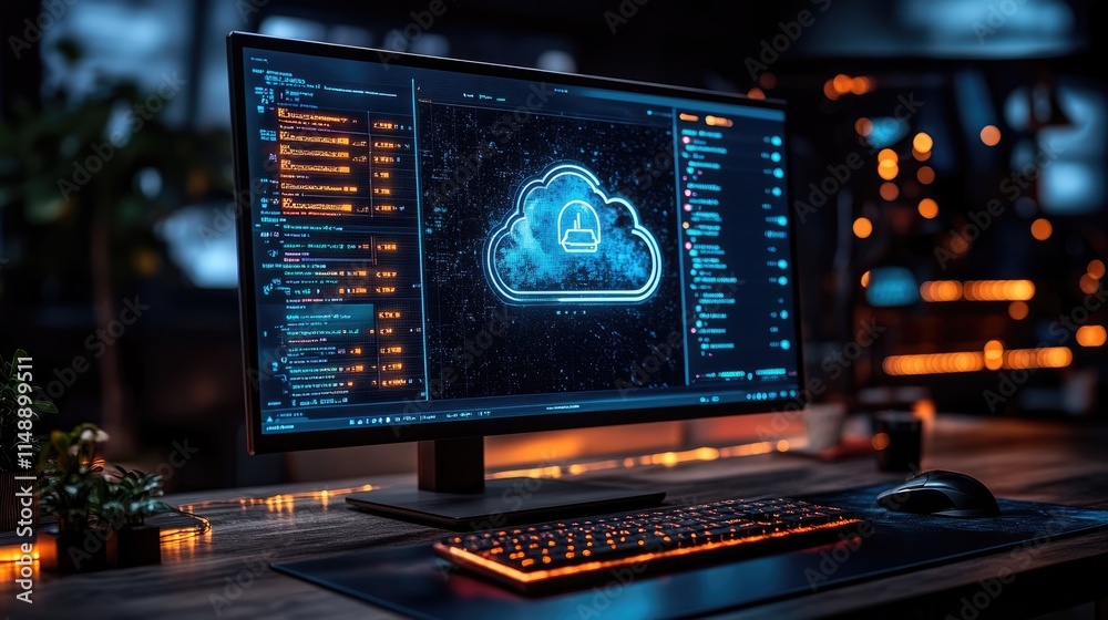 Futuristic workspace featuring a glowing cloud security icon on a modern monitor amidst ambient lighting and tech elements Futuristic workspace featuring a glowing cloud security icon on a modern monitor amidst ambient lighting and tech elements