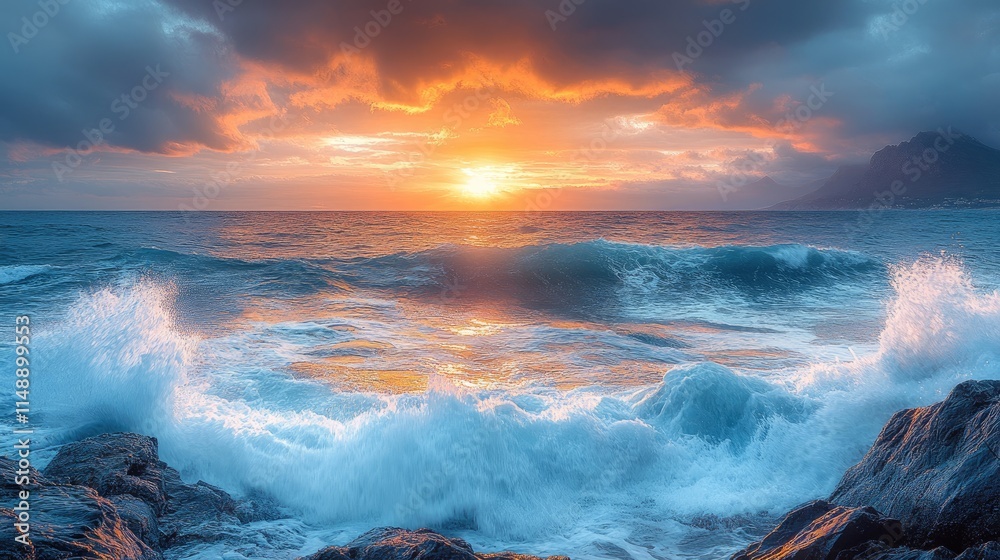 Fototapeta premium Dramatic seascape at sunrise with crashing waves against rocky shoreline and colorful clouds in the background