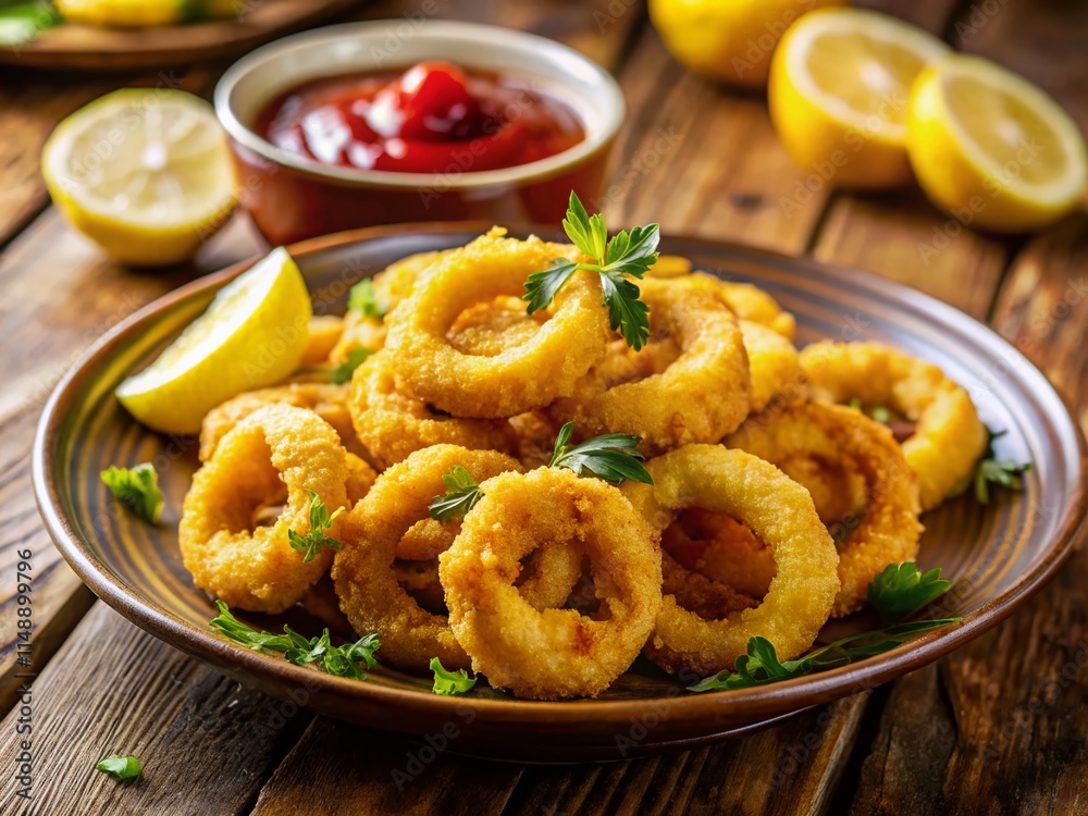 Crispy Calamari with Marinara Sauce and Lemon Wedge - Delicious Seafood Appetizer Crispy Calamari with Marinara Sauce and Lemon Wedge - Delicious Seafood Appetizer