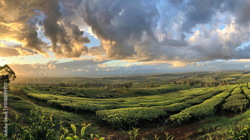 A panoramic view of tea fields stretching endlessly under a dramatic, cloud-streaked sky, photo