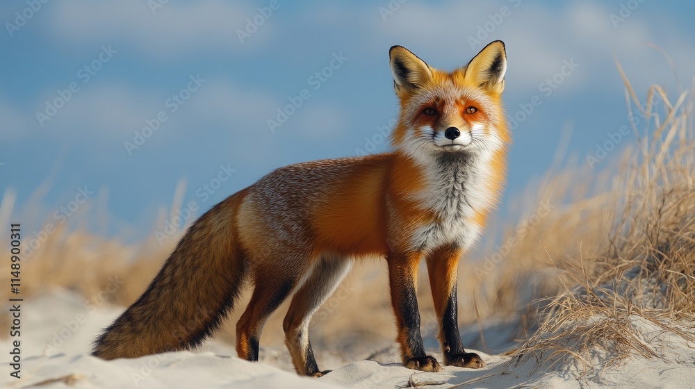 A striking red fox standing gracefully on a sandy beach with soft grasses and a blue sky backdrop A striking red fox standing gracefully on a sandy beach with soft grasses and a blue sky backdrop