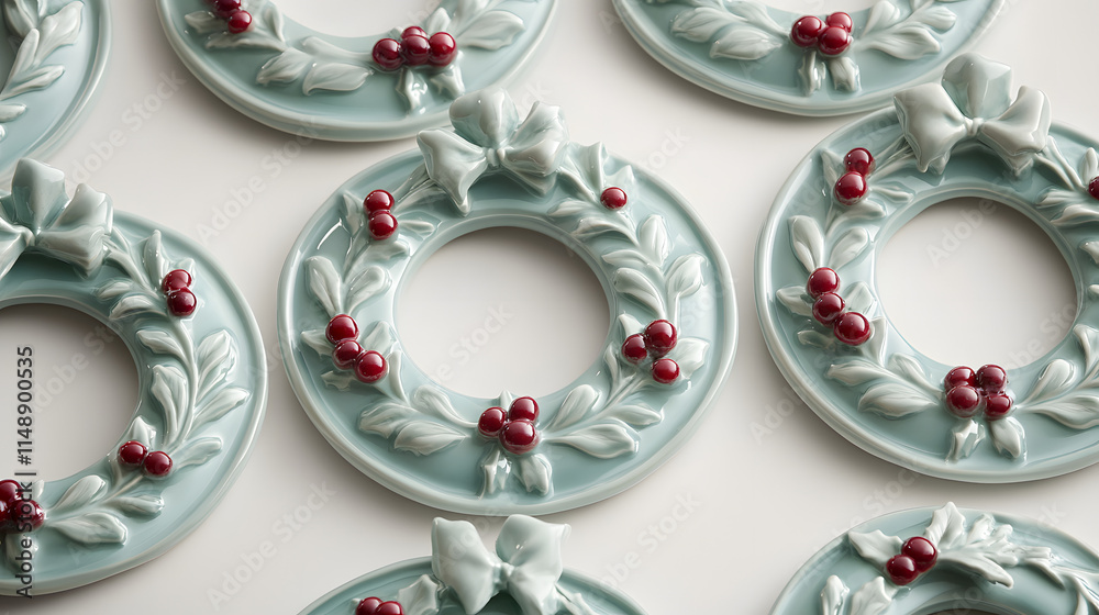 Elegant teal ceramic Christmas wreaths with red berries and bows. Perfect for holiday decorations or festive table settings. Detailed relief design. Elegant teal ceramic Christmas wreaths with red berries and bows. Perfect for holiday decorations or festive table settings. Detailed relief design.