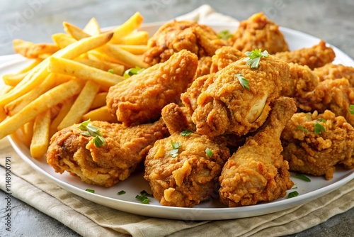 Crispy Fried Chicken Wings & French Fries on White Background - Stock Photo