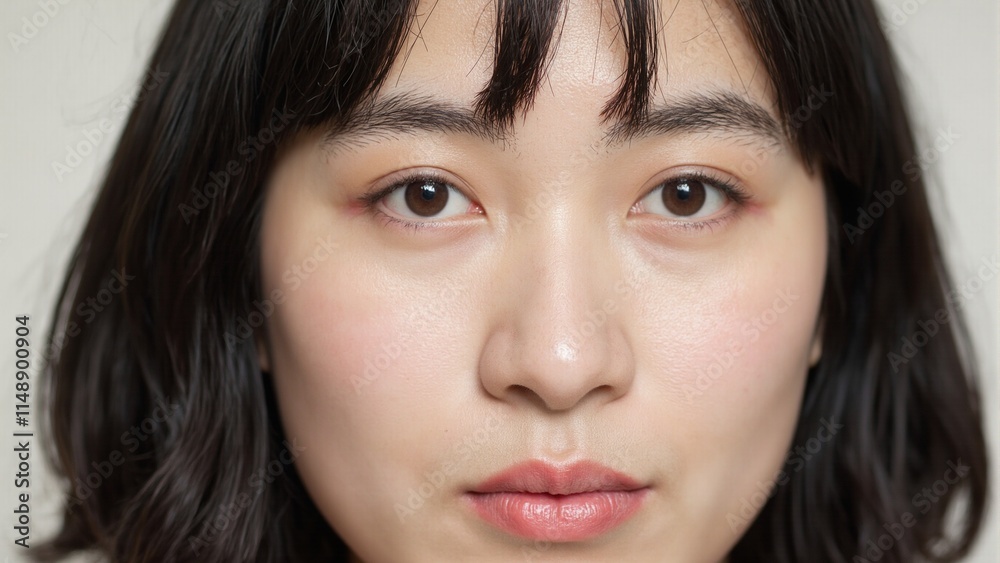 Close up of an East Asian woman with smooth porcelain skin glossy coral lipstick and soft brown eyeliner showcasing a neat bob hairstyle and natural looking lashes Close up of an East Asian woman with smooth porcelain skin glossy coral lipstick and soft brown eyeliner showcasing a neat bob hairstyle and natural looking lashes