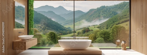 3D rendering of a modern minimalist bathroom with a wood wall and white floor, a large window overlooking a green landscape and mountain view photo