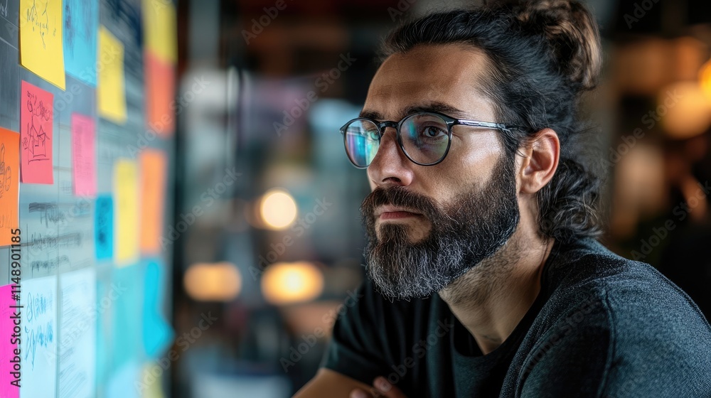 Thoughtful man reflecting on ideas while surrounded by colorful sticky notes in a creative workspace setting Thoughtful man reflecting on ideas while surrounded by colorful sticky notes in a creative workspace setting