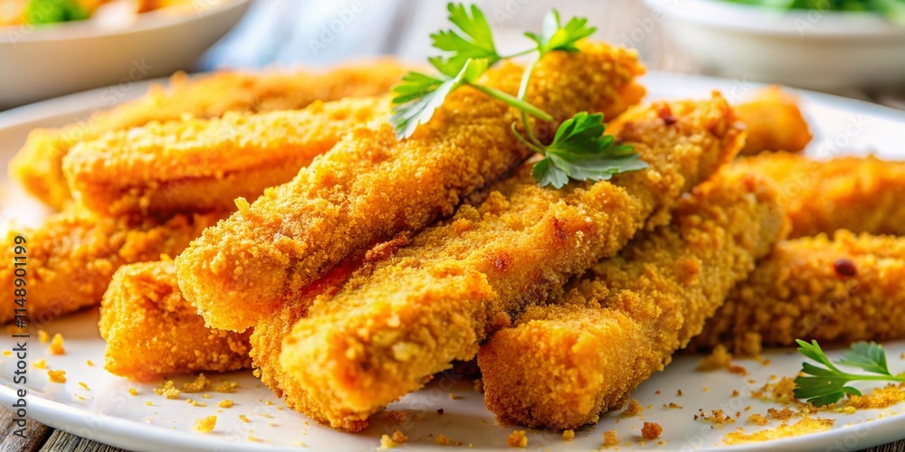 Crispy Fried Fish Sticks Close-Up Macro Photography Stock Photo