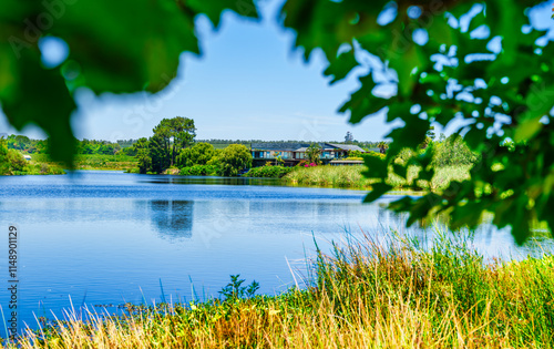 Picturesque lake house seen through a frame of leaves from the opposite side of the lake, Elgin Valley, South Africa