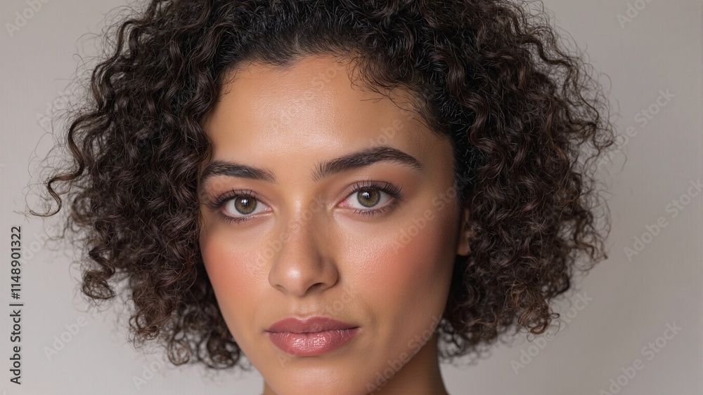Portrait of a biracial woman with caramel skin pink eyeshadow rose lipstick and shoulder length curly bob hair Portrait of a biracial woman with caramel skin pink eyeshadow rose lipstick and shoulder length curly bob hair