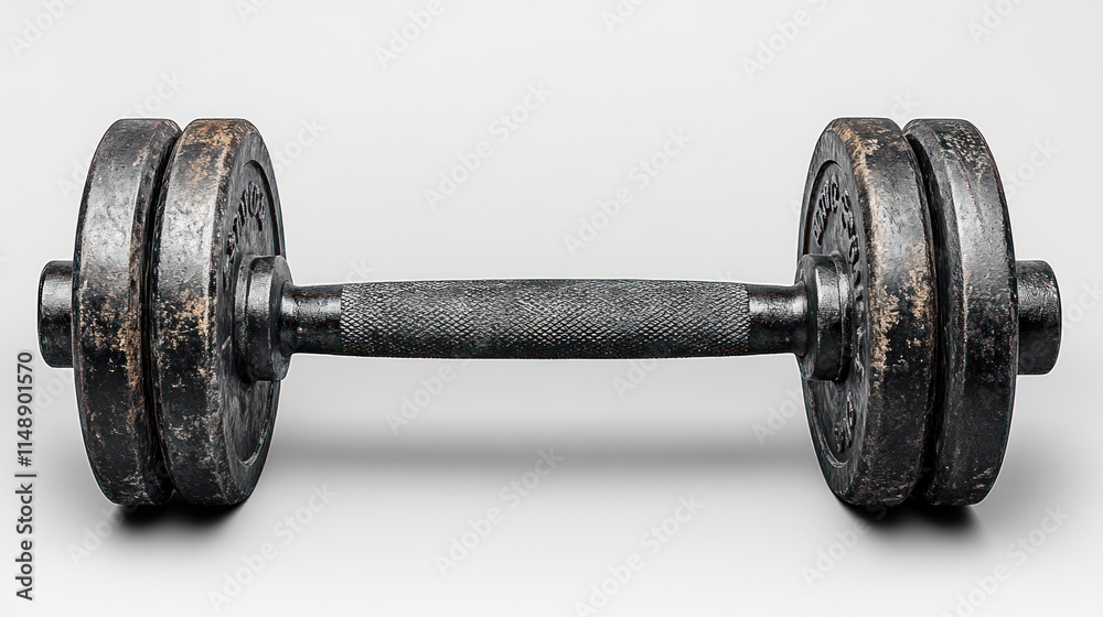 Fototapeta premium Weathered black dumbbell with textured grip and worn plates on a gray background.