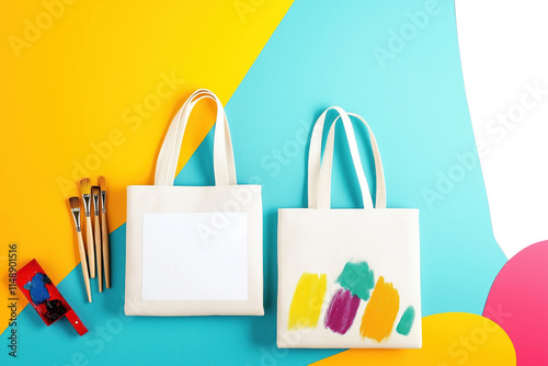 Colorful tote bags with paint, brush on vibrant background. DIY painted tote bags. Handmade, eco friendly bags. Creative craft project. Bright colors. Unique style. Customizable bags. Inspiration for
