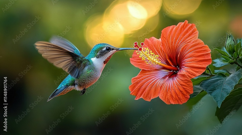 Fototapeta premium A hummingbird hovers over a red flower with a green stem